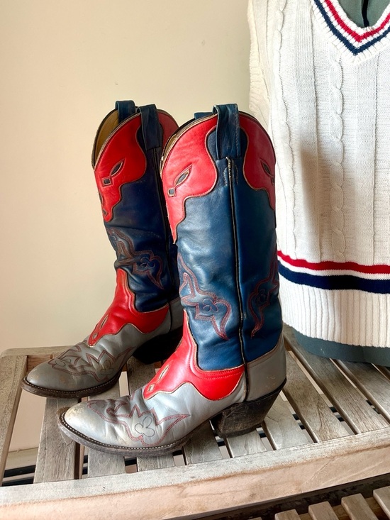 Laramie Shoes - Vintage Laramie Handmade Western Boots Tri Color Red Blue Gray Leather Size 7